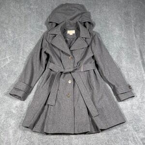 Michael Kors Women's Grey Hooded Wool Blend Belted Trench Coat Size S